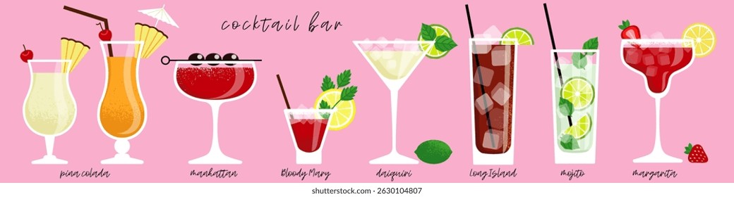 set of popular cocktails in glasses of different shapes, each cocktail is signed. flat drawing with transparent elements and texture. stock vector illustration. EPS 10.