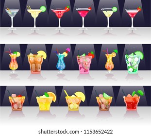 Set of popular cocktails for menu,bar. Cocktail bar in glass. Alcoholic cocktail. Flat cartoon vector. Holidays club party summer drink mixed glasses. Mojito,bloody mary,daiquiri,long island,margarita