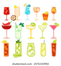 Set of popular cocktails. Vector illustration with texture. Bloody Mary, Cosmopolitan, Margarita, Pina Colada, Mojito, Wine for the bar. Alcoholic and non-alcoholic cocktails with fruits