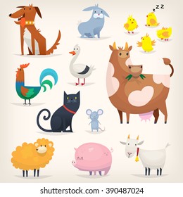 Set of popular colorful vector farm animals and birds