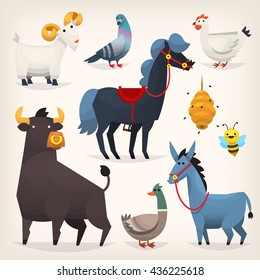 Set of popular colorful vector farm animals and birds