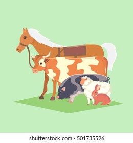 Set of popular colorful vector farm animals. Farm pets together