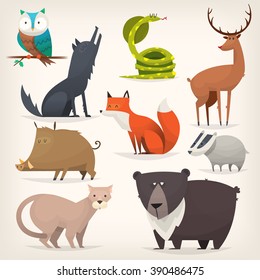 Set of popular colorful vector forest animals and birds