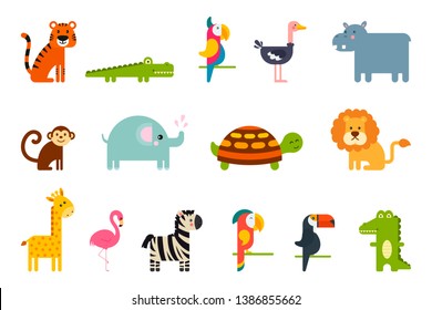 Set of popular colorful vector tropical animals and birds