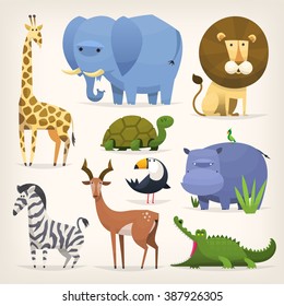 Set of popular colorful vector tropical animals and birds