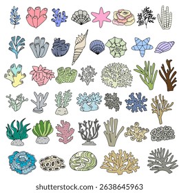 Set of popular cute coral and reef different variant cartoon, icon