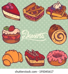Set of popular desserts painted in vintage style.
