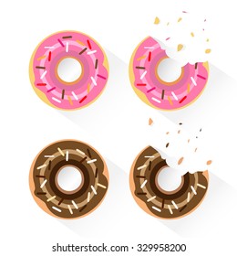 Set of popular donuts. Whole and bitten version. Flat design vector illustration isolated on white background.