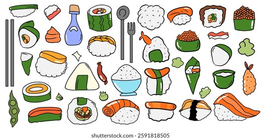 set of popular  doodles of japanese food illustration design element stock