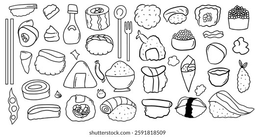 set of popular  doodles of japanese food illustration design element stock