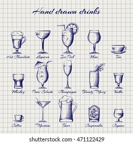 Set of popular drinks vector. Hand drawn alcoholic and non-alcoholic drinks on notebook page