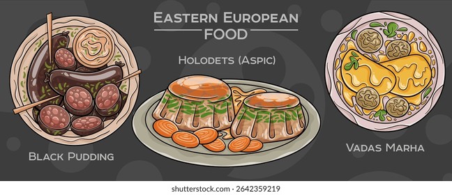 A set of popular Eastern European traditional foods. Vector illustration, hand-drawn and presented on a dark background.