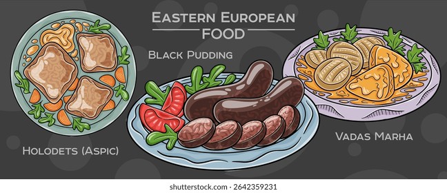 A set of popular Eastern European traditional foods. Vector illustration, hand-drawn and presented on a dark background.