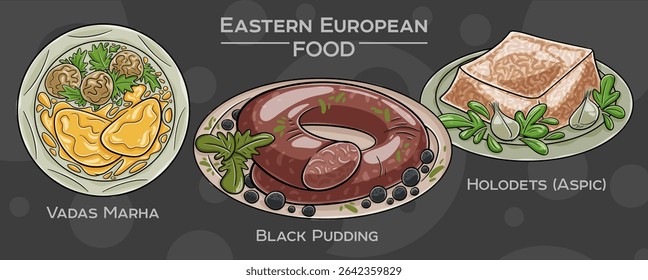 A set of popular Eastern European traditional foods. Vector illustration, hand-drawn and presented on a dark background.