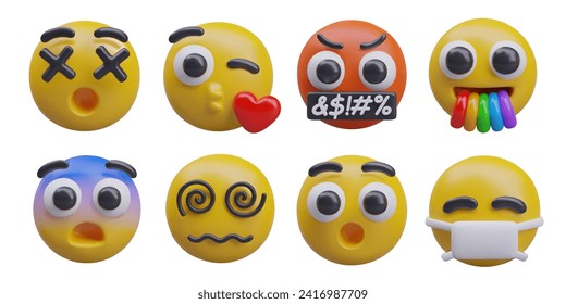 Set of popular emoticons in 3D style. Death shock, kiss, censored, rainbow from mouth, fright, dizziness, shock, medical mask. Creative icons for messenger, advertising compositions