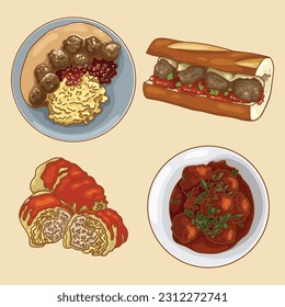 A set of popular European dishes made of minced meat.