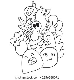 Set of popular hand drawing doodles monster isolated on white background