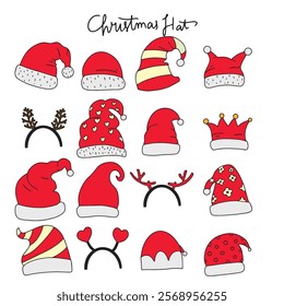 set of popular handrawn christmas hat doodles