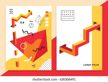 Set of popular hipster posters or banners with abstract backgrounds. Memphis style, 80`s, 90`s, with geometric elements. Red and yellow. Design layout for your invitation card, flyer, brochure, cover