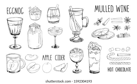 Set of popular hot winter drinks isolated on white. Monochrome vector images of Christmas cocktails, fruit, spices. Hot chocolate, eggnog, cider, coffee, cacao, wine, champagne. Advent. Lettering