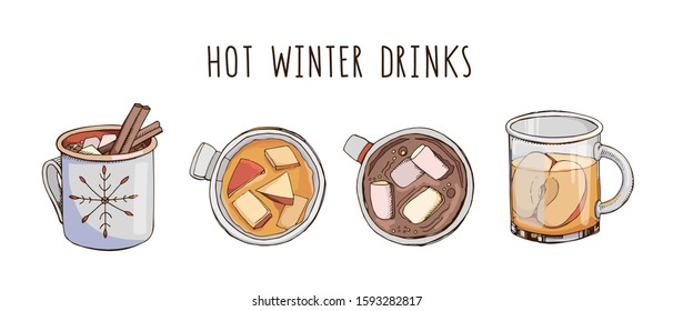 Set Of Popular Hot Winter Drinks Isolated On White. Colorful Vector Images Of Christmas Beverages And Cocktails. Hot Chocolate With Marshmallow And Apple Cider. Menu Decoration. Modern Lettering