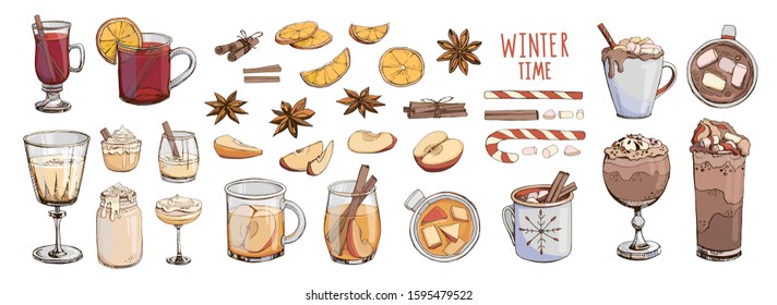 Set of popular hot winter drinks with spices and fruit slices isolated on white. Colorful vector Christmas beverages and cocktails. Hot chocolate, eggnog, apple cider, coffee, cacao, wine, champagne