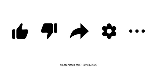 Set of popular icon for video player. Like, dislike, share button, settings, gear black icons. Simple buttons for social media concept