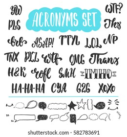 Set of popular internet slang, acronyms and abbreviations isolated on the white background with different hand drawn speech bubbles and elements