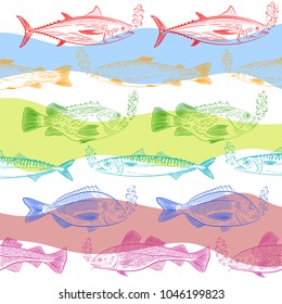 A set of popular marine fish. Multicolored pattern. Tuna, cod, dorado, salmon, sea bass, mackerel and painted oxygen bubbles. Sketch, vector illustration