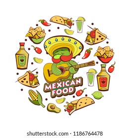 A set of popular Mexican fast food dishes. Funny cactus in sombrero playing guitar. Vector illustration in cartoon style.