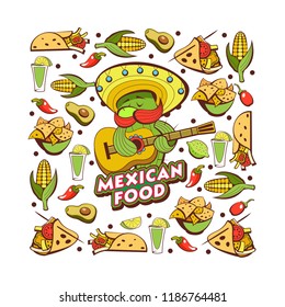 A set of popular Mexican fast food dishes. Funny cactus in sombrero playing guitar. Vector illustration in cartoon style.