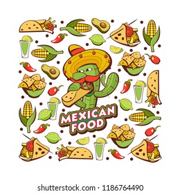 A set of popular Mexican fast food dishes. Funny cactus in sombrero eating burritos. Vector illustration in cartoon style.