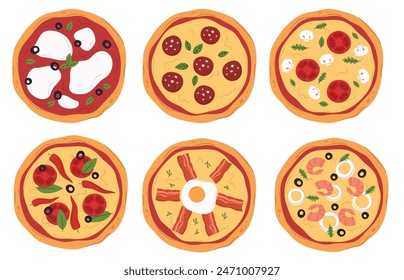 A set of popular pizzas. A quick and tasty dish made from thin dough. Pizza menu in a restaurant. Vector illustration