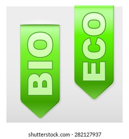 Set of Popular Ribbons BIO and ECO. Realistic modern style. Vector Isolated on white background.