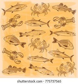 A set of popular sea fish, crabs, lobsters. Salmon, tuna, cod, mackerel, dorado, lobster. Sketch pattern on yellow background, vector illustration