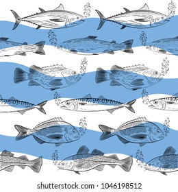 A set of popular sea fish floating in different directions. Tuna, cod, dorado, salmon, sea bass, mackerel and oxygen bubbles. Sketch, vector illustration