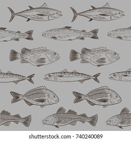 A set of popular sea fish swimming in a different direction. Tuna, cod, dorado, salmon, sea bass, mackerel. Sketch, vector illustration