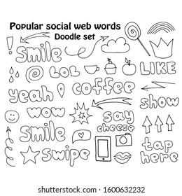 Set of popular social web words; 35 isolated doodle style objects.