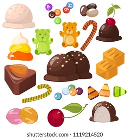 A set of popular sweet desserts for Halloween, Hanukkah, Christmas and birthday. Chocolate bars, candy and other sweet food. Stock vector.