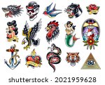 Set of popular traditional tattoo symbols isolated on white. EPS10 vector illustrations.