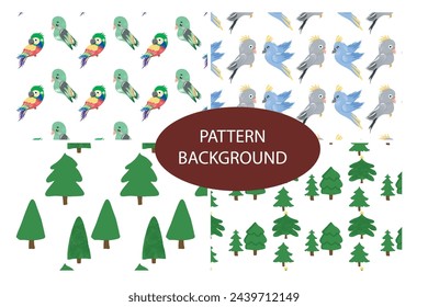  set of popular trend animal pattern background design. textile fabric. crown, bird, parrot, tree
