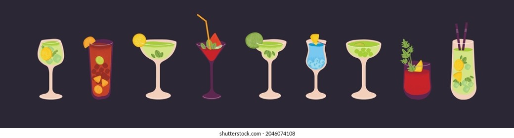 Set of popular tropical alcohol drinks, cocktails. Variety of summer iced hard and light alcoholic beverages with fresh fruits and straws. Classic party refreshments. Colored flat vector illustration