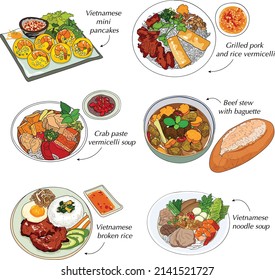 Set of popular Vietnamese foods - Vietnamese mini pancakes, Beef stew with baguette, Crab paste 
vermicelli soup, Grilled pork and rice vermicelli, Vietnamese broken rice, Vietnamese noodle soup