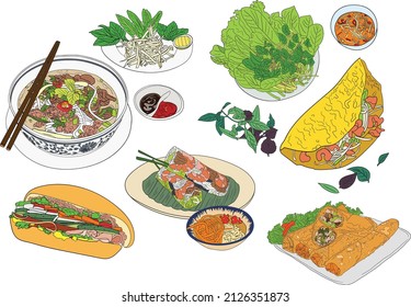 Set of popular Vietnamese foods - Pho (beef rice noodles), Banh mi (Vietnamese sandwich), Banh xeo (Vietnamese pancake), Cha gio (spring rolls), Goi cuon (summer rolls)