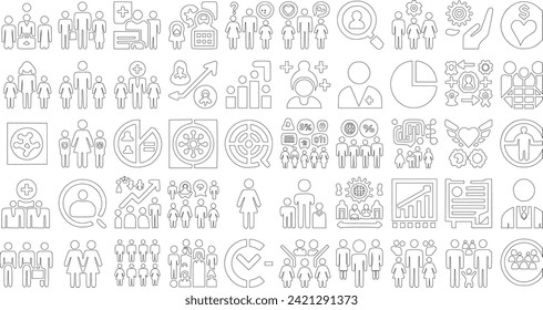 conjunto de iconos de población. Incluyendo datos censales, tasa de natalidad, población, ciudadanos, demografía y más. Colección fuerte de iconos vectoriales.