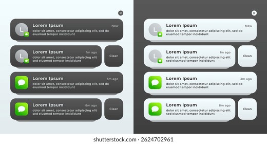 Conjunto de modelos de notificação por push pop-up para temas escuros e claros, ilustração vetorial.