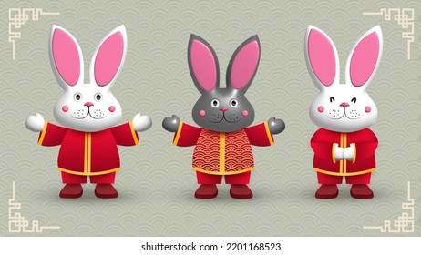 A set of porcelain or ceramic glossy figurines of white and gray hares. The rabbit is the symbol of the Chinese New Year 2023. Vector 3D illustration