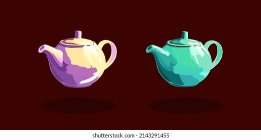 set of porcelain colorful teapots vector illustration isolated on dark background. beautiful ceramic teapot