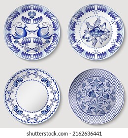 Set of porcelain plates. Blue pattern on white in oriental asian style. Cobalt painting style on ceramic. Floral ornament with Chinese design motifs. Decorative dish isolated. Vector illustration