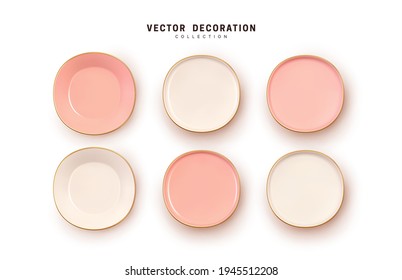 Set of Porcelain Plates Chinese Style realistic 3d design. Flat top view. White and pink color. Vector illustration